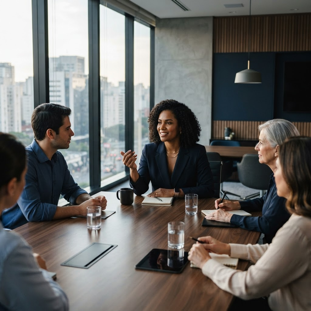 Liderança conduzindo uma conversa com a equipe